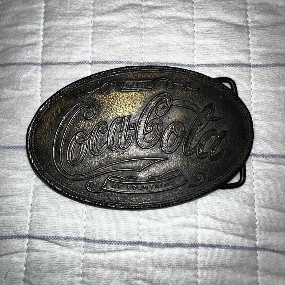 TIFFANY STUDIO NY Coca Cola at‎ Fountains 5 Cents Soda Brass Belt Buckle